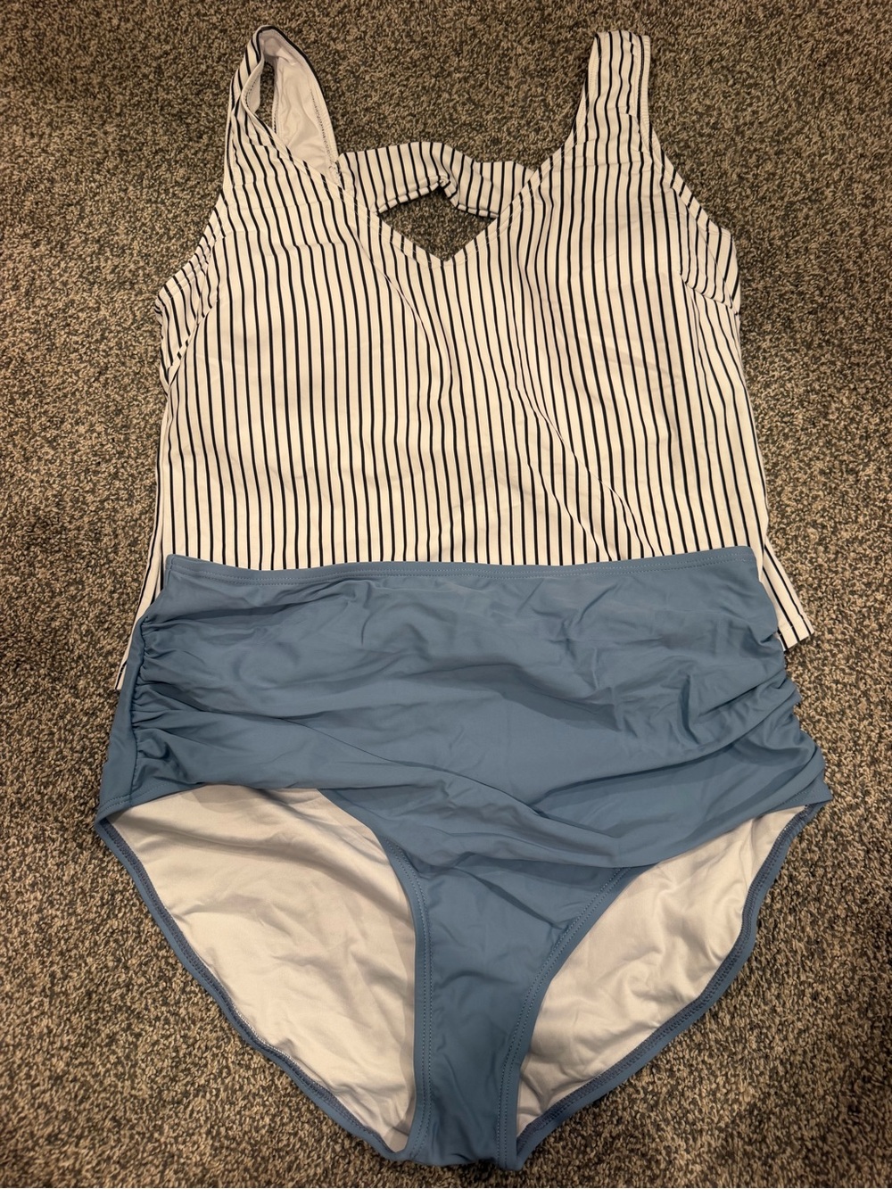 Striped Tankini Top with Light Blue High-Waist Bottoms